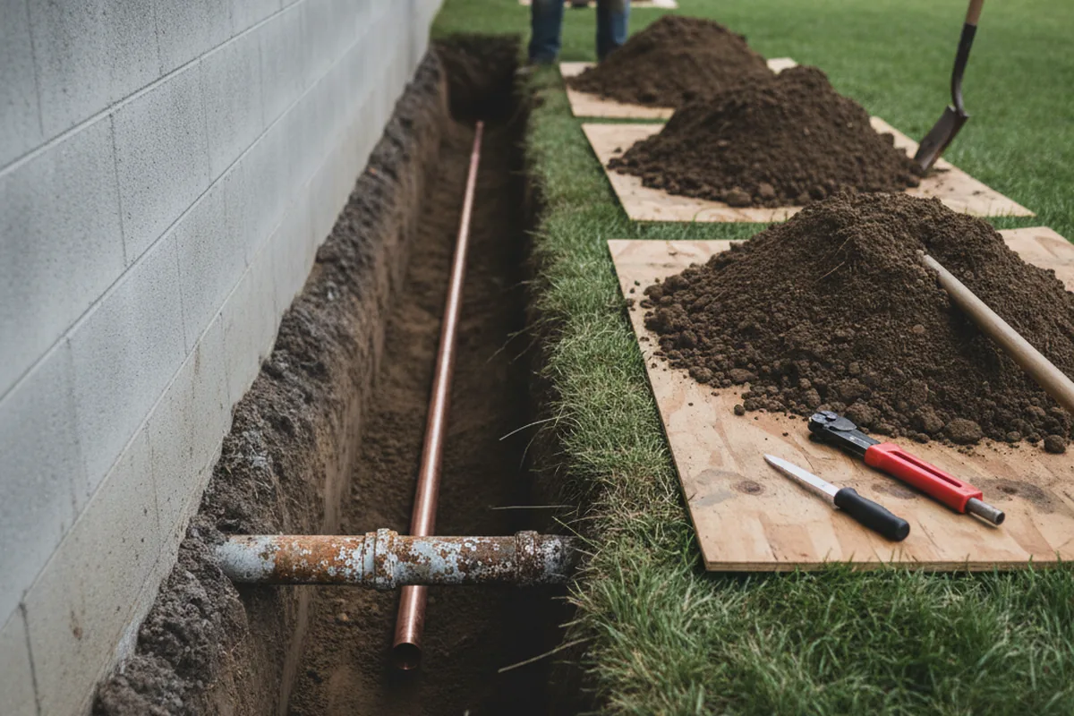 Excavated water line trench during Water Softener Installation in Kealia